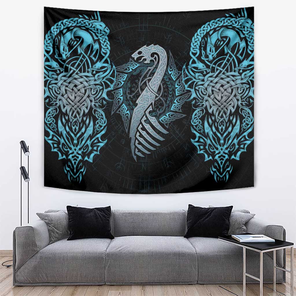 Dragon Viking With Runes Tapestry Blue Black