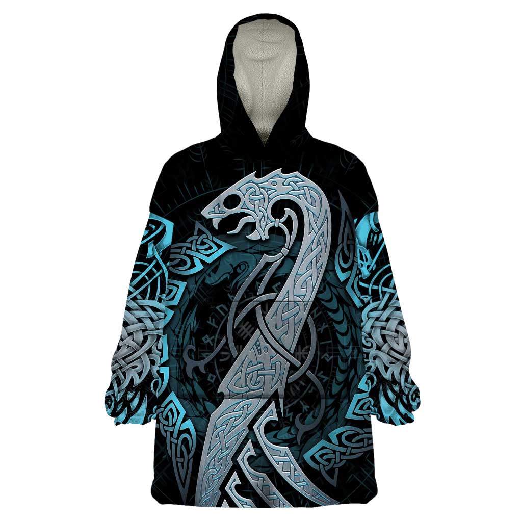 Dragon Viking With Runes Wearable Blanket Hoodie Blue Black