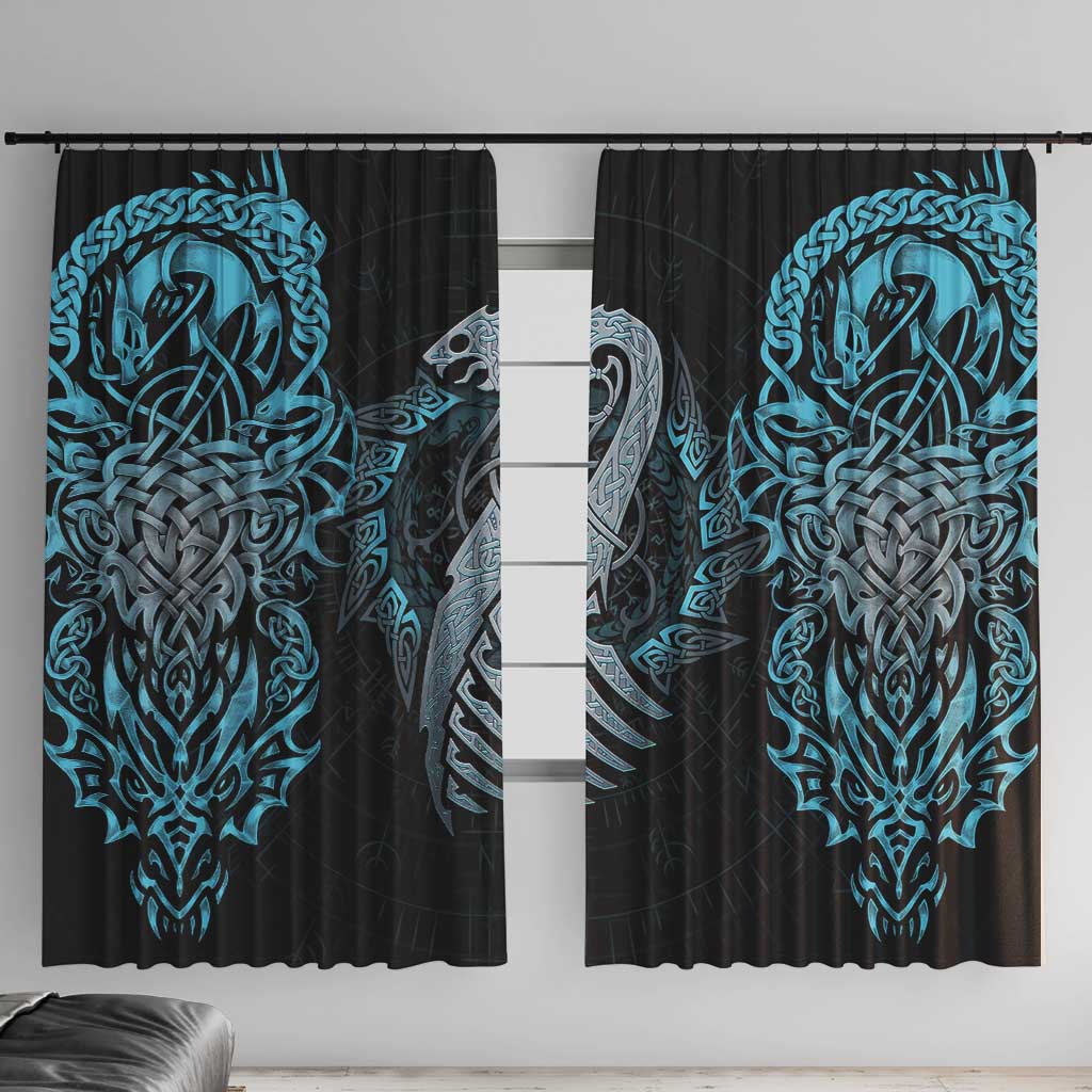 Dragon Viking With Runes Window Curtain Blue Black