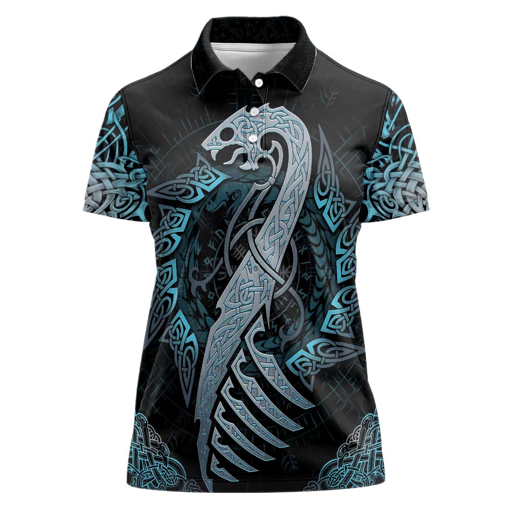 Dragon Viking With Runes Women Polo Shirt Blue Black