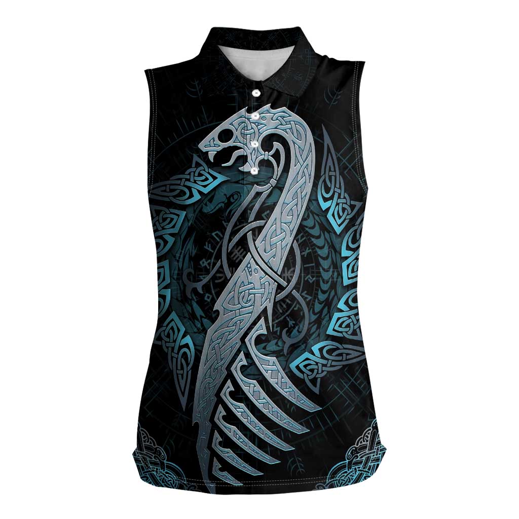 Dragon Viking With Runes Women Sleeveless Polo Shirt Blue Black