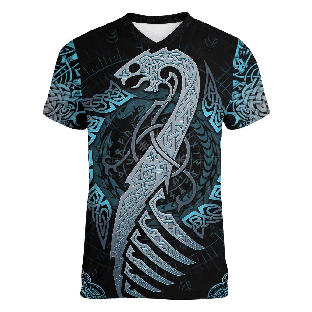 Dragon Viking With Runes Women V-Neck T-Shirt Blue Black