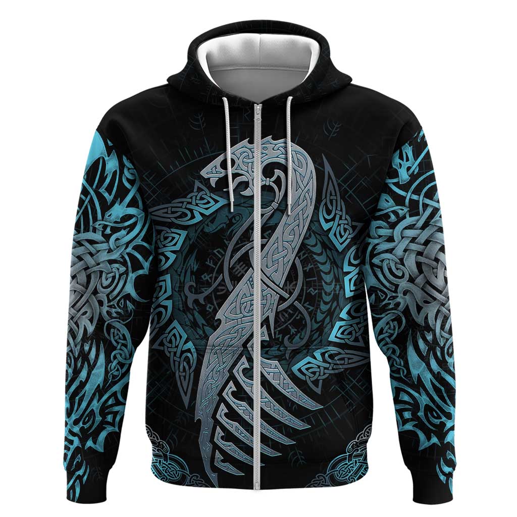 Dragon Viking With Runes Zip Hoodie Blue Black