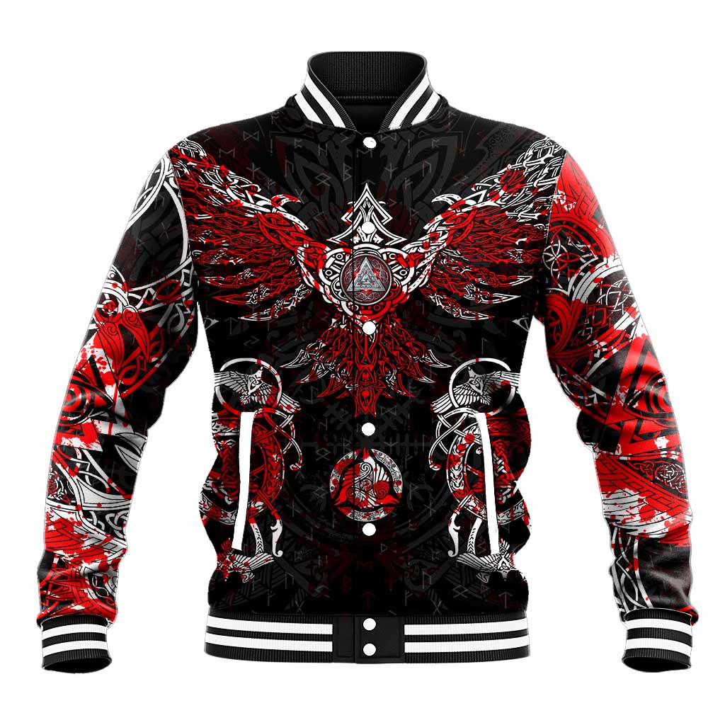 Unisex black baseball jacket with red Viking rune front graphic and snap buttons