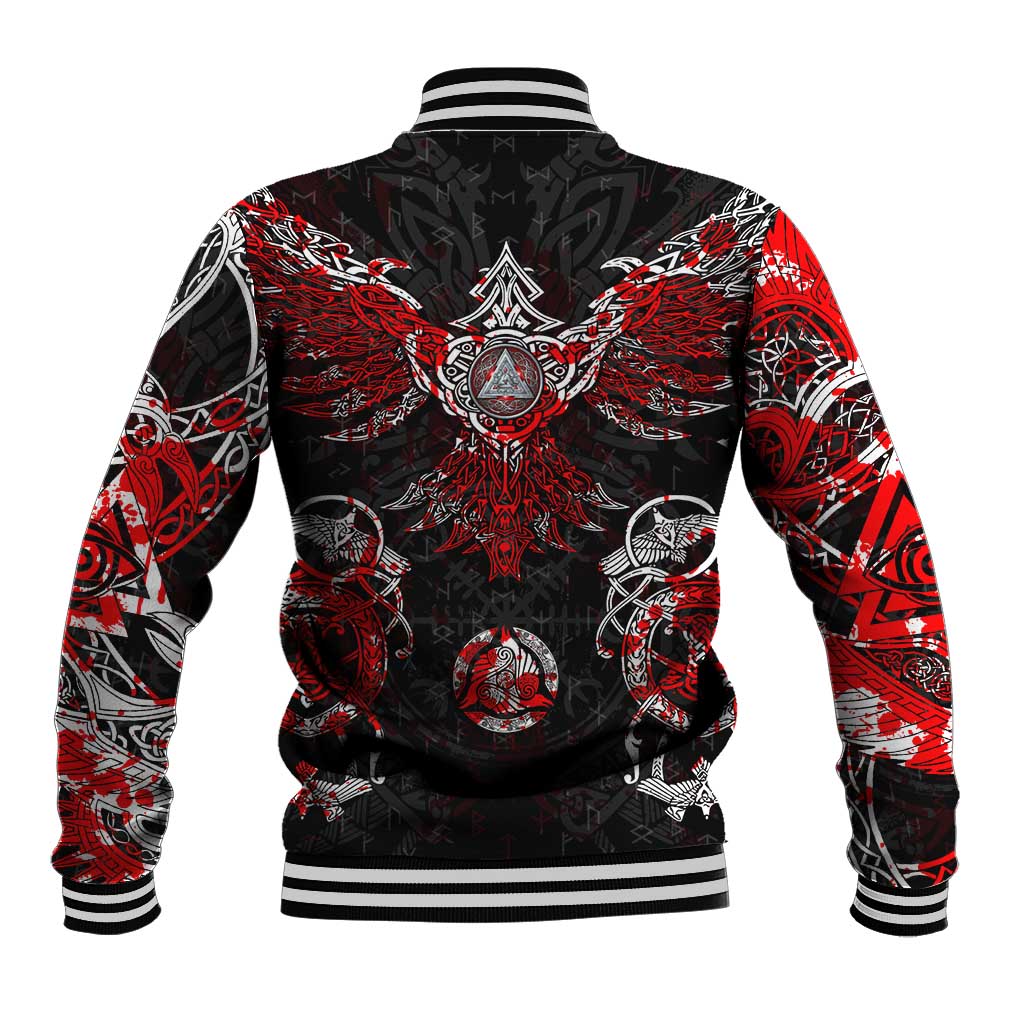 Unisex black baseball jacket with red Viking rune back graphic