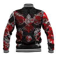 Unisex black baseball jacket with red Viking rune back graphic