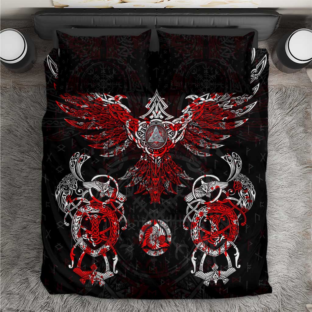 Black and red Viking bedding set with rune emblem, winged raven, and patterned pillows
