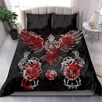 Black and red Viking duvet bedding set featuring winged raven rune artwork and two pillows