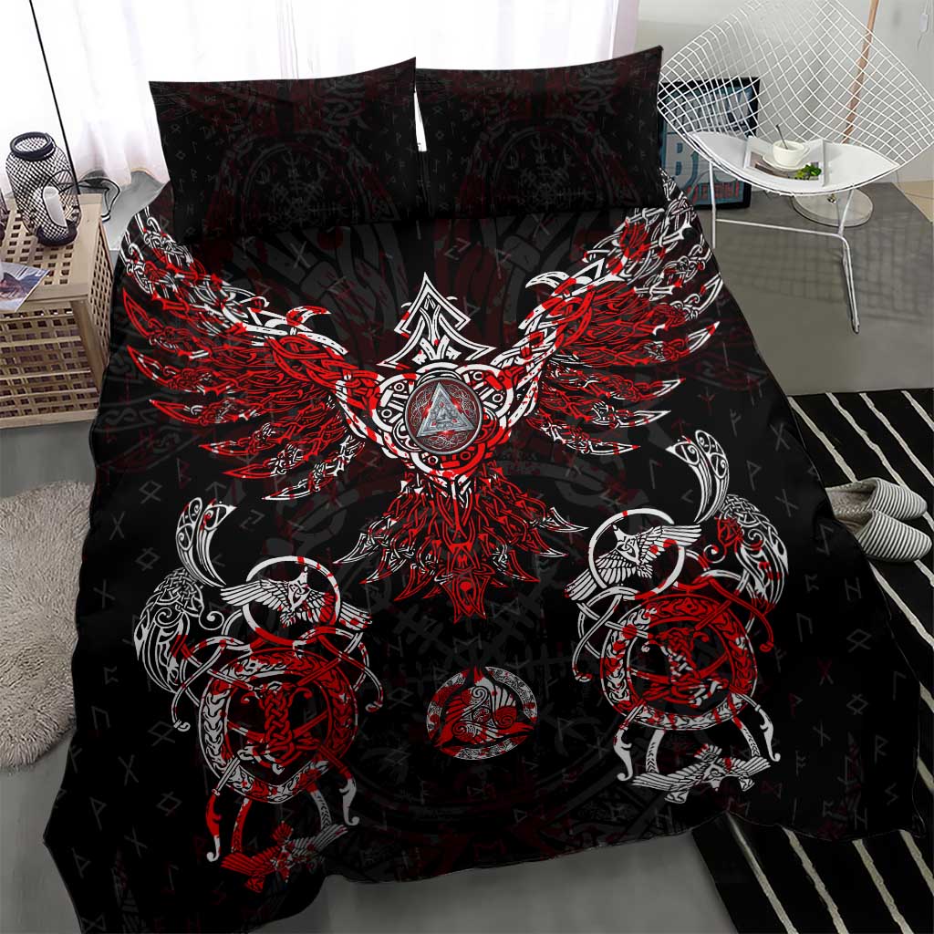 Black and red Viking bedding set close view with central raven rune emblem and mascot figures