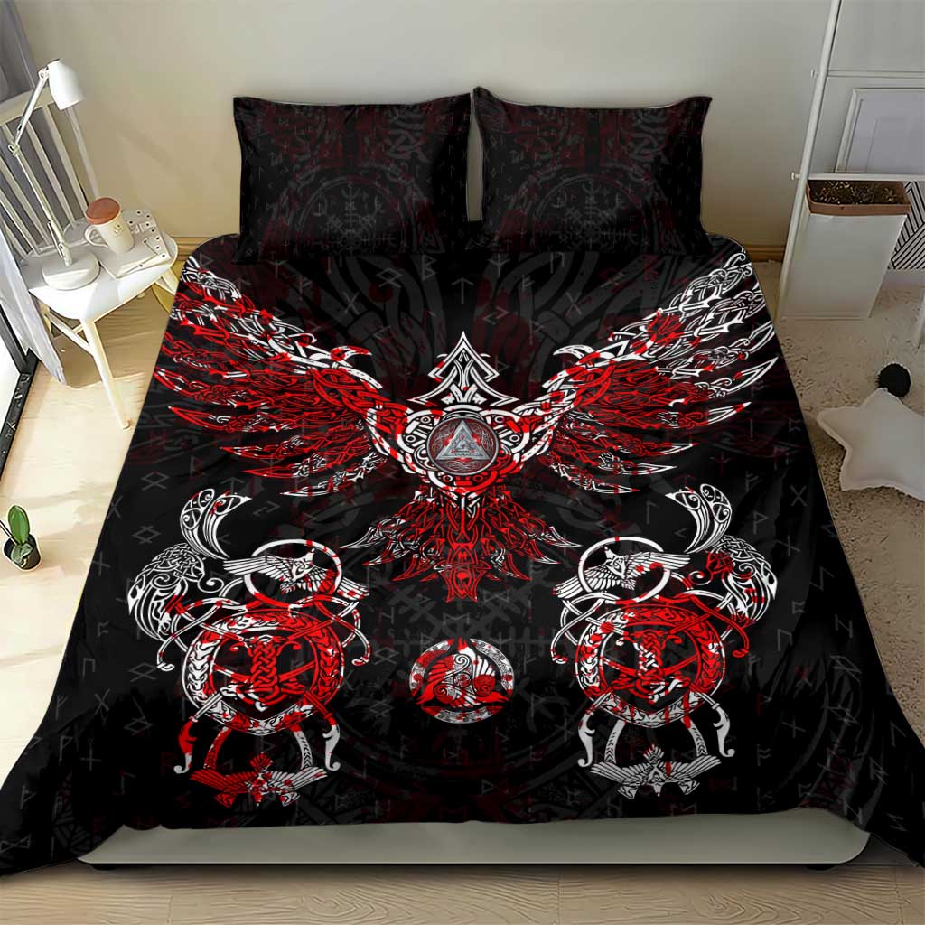Black and red Viking duvet bedding set with winged raven emblem and rune patterned pillows