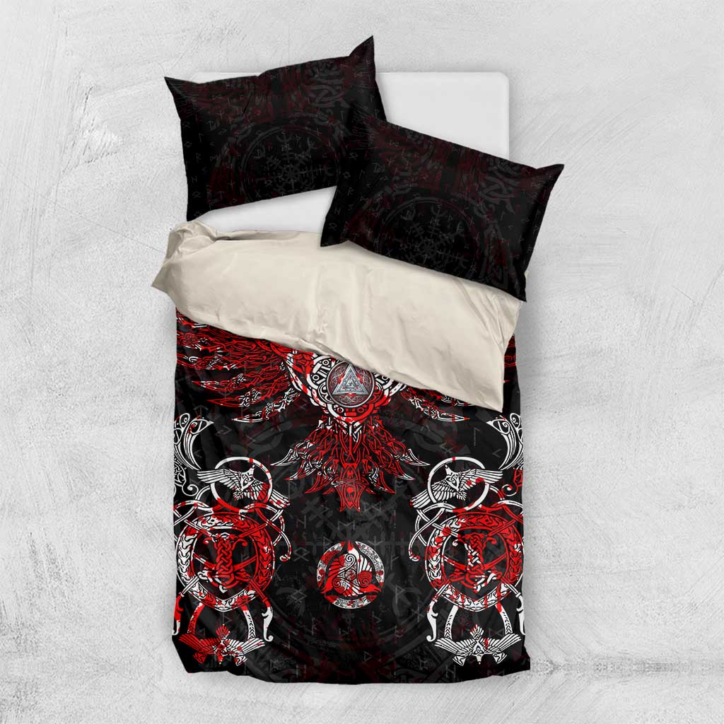 Black and red Viking bedding set with duvet top, rune emblem center, and two dark pillows