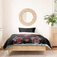 Black and red Viking duvet bedding set with central raven rune emblem and scattered mascot icons