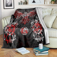 Viking rune blanket in black with red and white winged emblem and animal figures