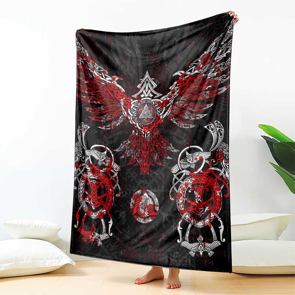Viking rune blanket draped with bold red winged design and circular animal motifs