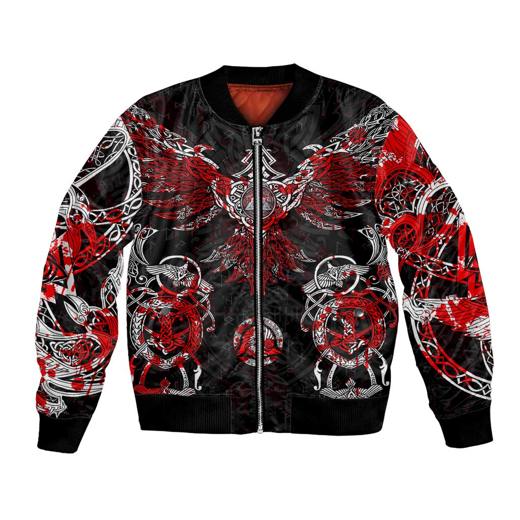 Unisex bomber jacket with front zipper, black/red Viking rune and skull print