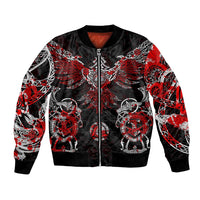 Unisex bomber jacket with front zipper, black/red Viking rune and skull print