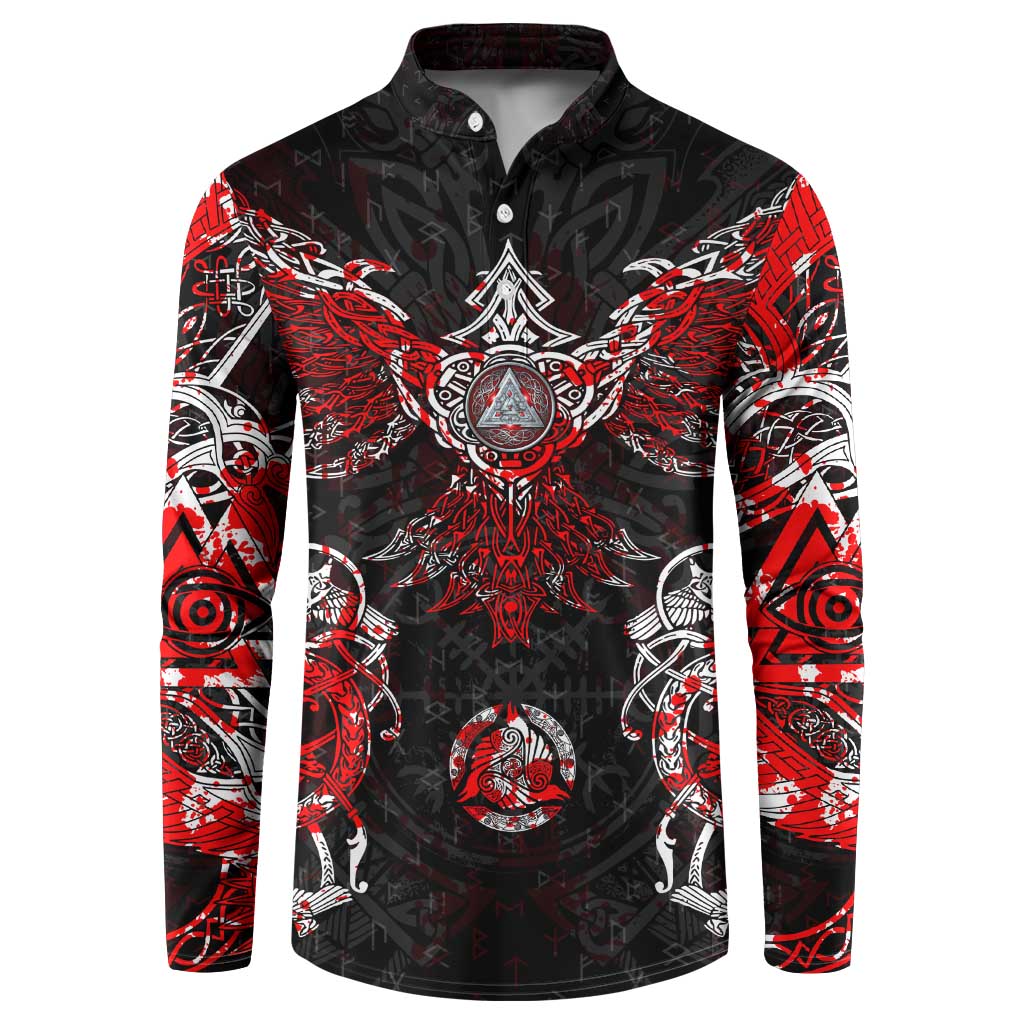 Black and red button sweatshirt with bold white-and-red Viking rune artwork on sleeves