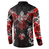 Black button henley sweatshirt with central Norse emblem, red patterned sleeves, long cuffs