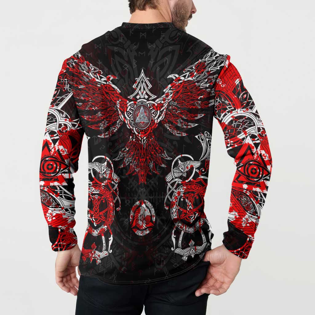 Black and red long-sleeve button sweatshirt with back Norse rune wing emblem
