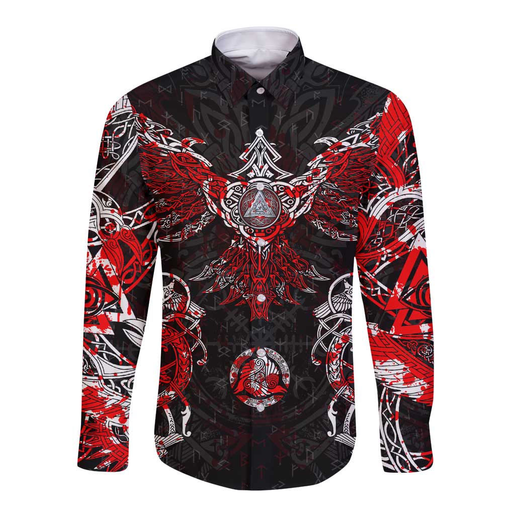 Unisex long-sleeve button shirt with red-and-black Viking rune graphic, front view
