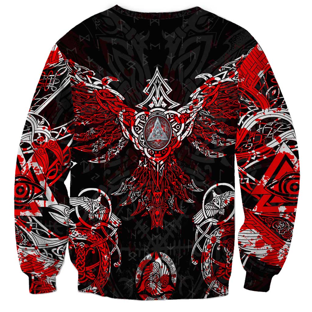 Black crewneck sweatshirt with centered raven rune emblem in red, white, and gray.