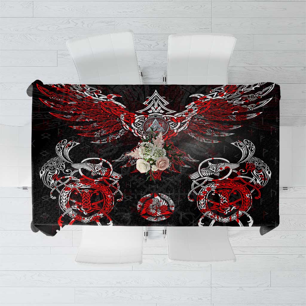 Black Viking rune tablecloth with red raven and thor hammer graphics