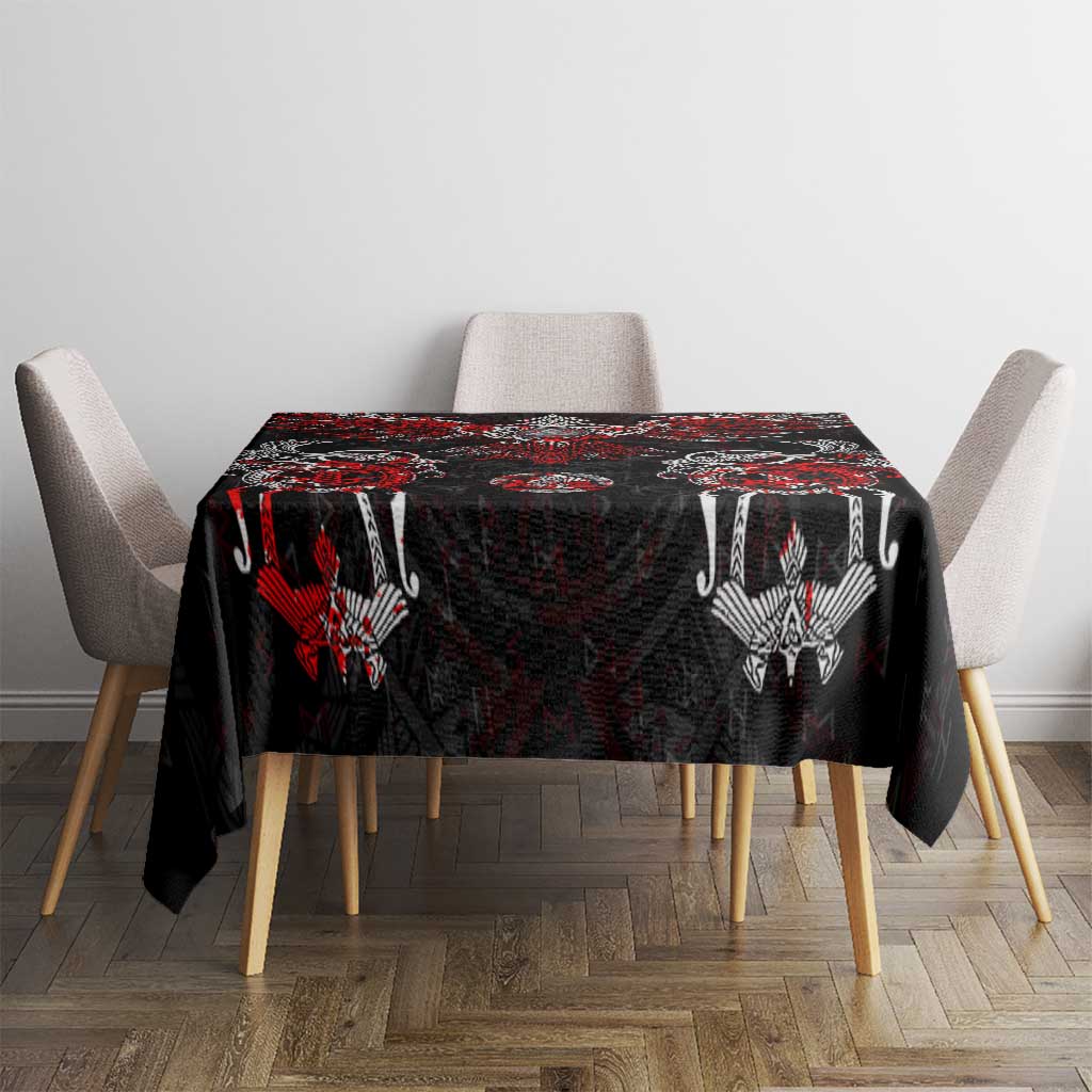 Black Viking rune tablecloth with red raven heads and central crest, tabletop cover