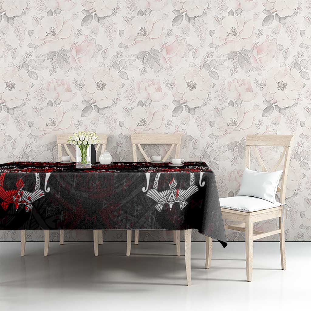 Black Viking rune tablecloth with red raven motifs, laid across rectangular table