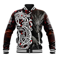 Unisex red-accent baseball jacket with dragon artwork and striped ribbed collar