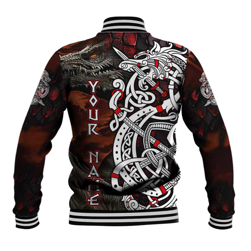 Unisex red-accent baseball jacket with dragon and Norse knot graphics on the back