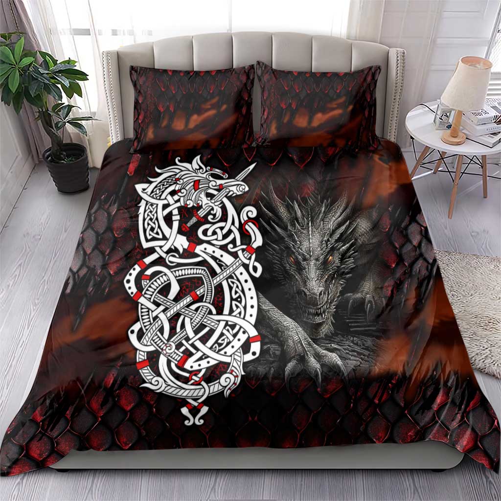 Norse-themed bedding set on bed with red-black wolf head design and white knot emblem