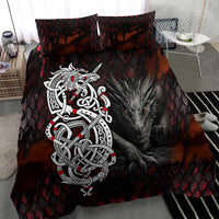 Norse-themed bedding set featuring red-black wolf head graphic with white knot pattern