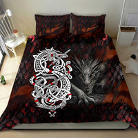 Norse-themed bedding set with red-black wolf face artwork and white Viking knot design