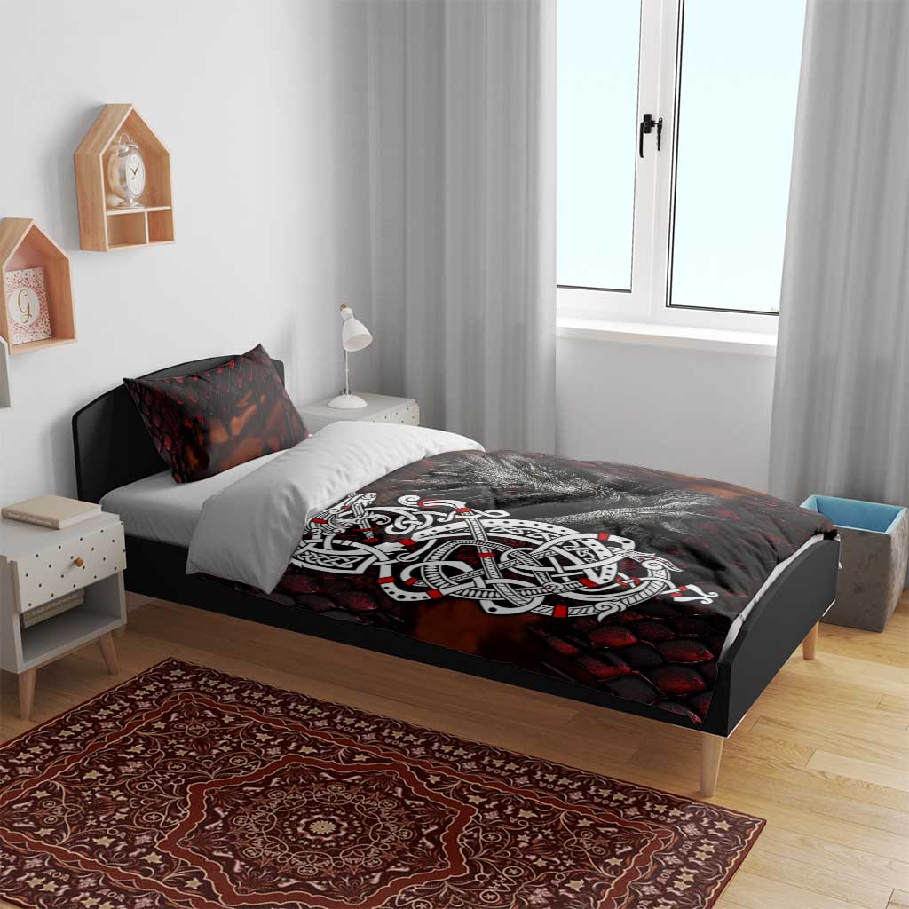 Norse-themed bedding set on wooden bed with red-black wolf head design and white knot art