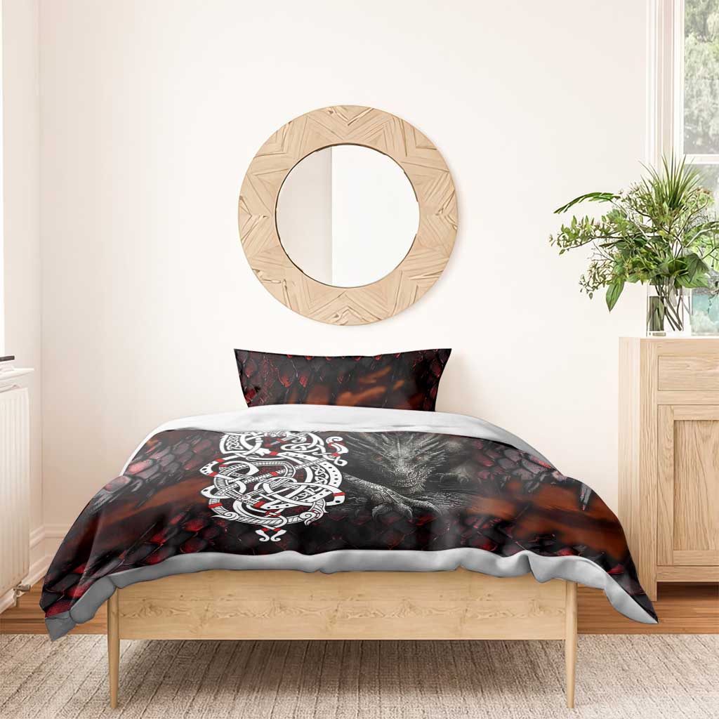 Norse-themed duvet and pillowcases with red-black wolf graphic and white knot artwork