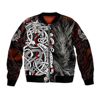 Red and black bomber jacket with Norse dragon graphic, ribbed cuffs and collar