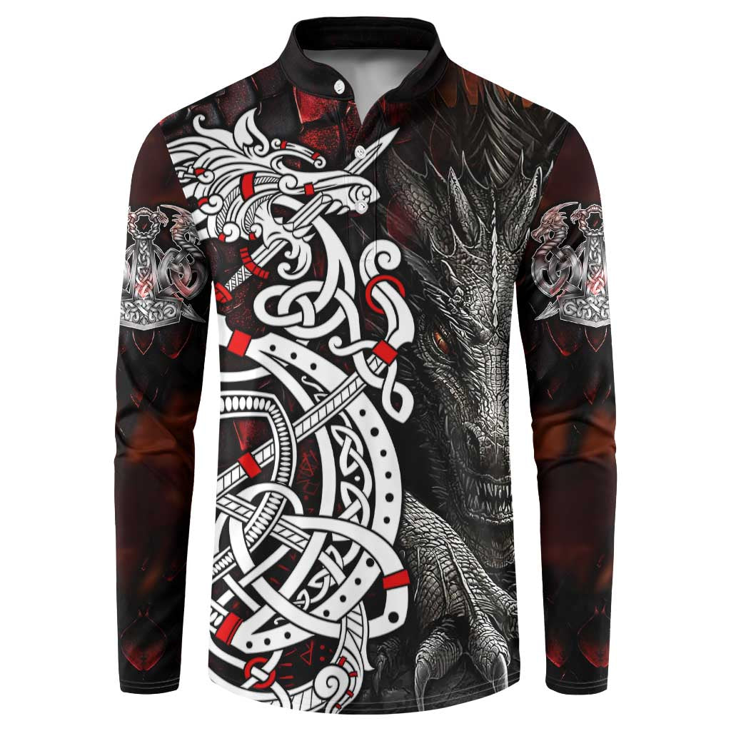Dark button-up sweatshirt featuring dragon head and Viking axe/helm graphic in white, red