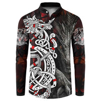 Dark button-up sweatshirt featuring dragon head and Viking axe/helm graphic in white, red