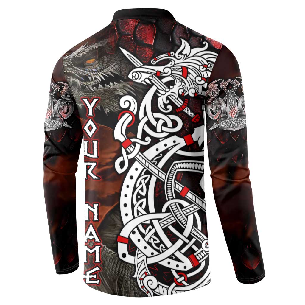 Dark button-up sweatshirt with dragon and Viking rune graphic, white and red accents