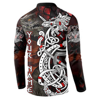 Dark button-up sweatshirt with dragon and Viking rune graphic, white and red accents