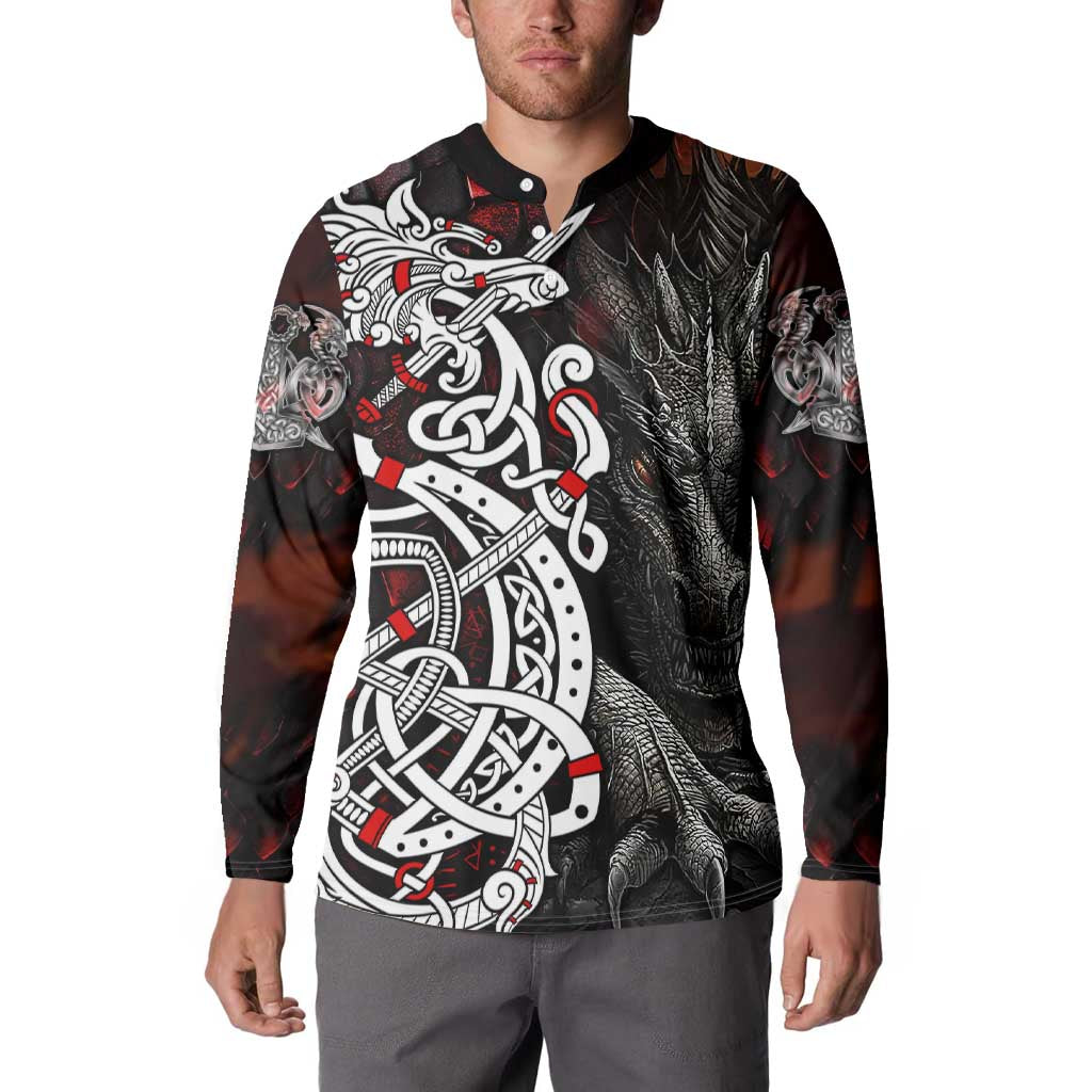 Dark button-up sweatshirt with dragon head and Viking axe graphic, red and white print