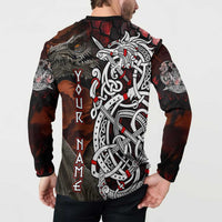 Back view: Dark button-up sweatshirt with vertical 'YOURNAME' text and Viking axe graphic