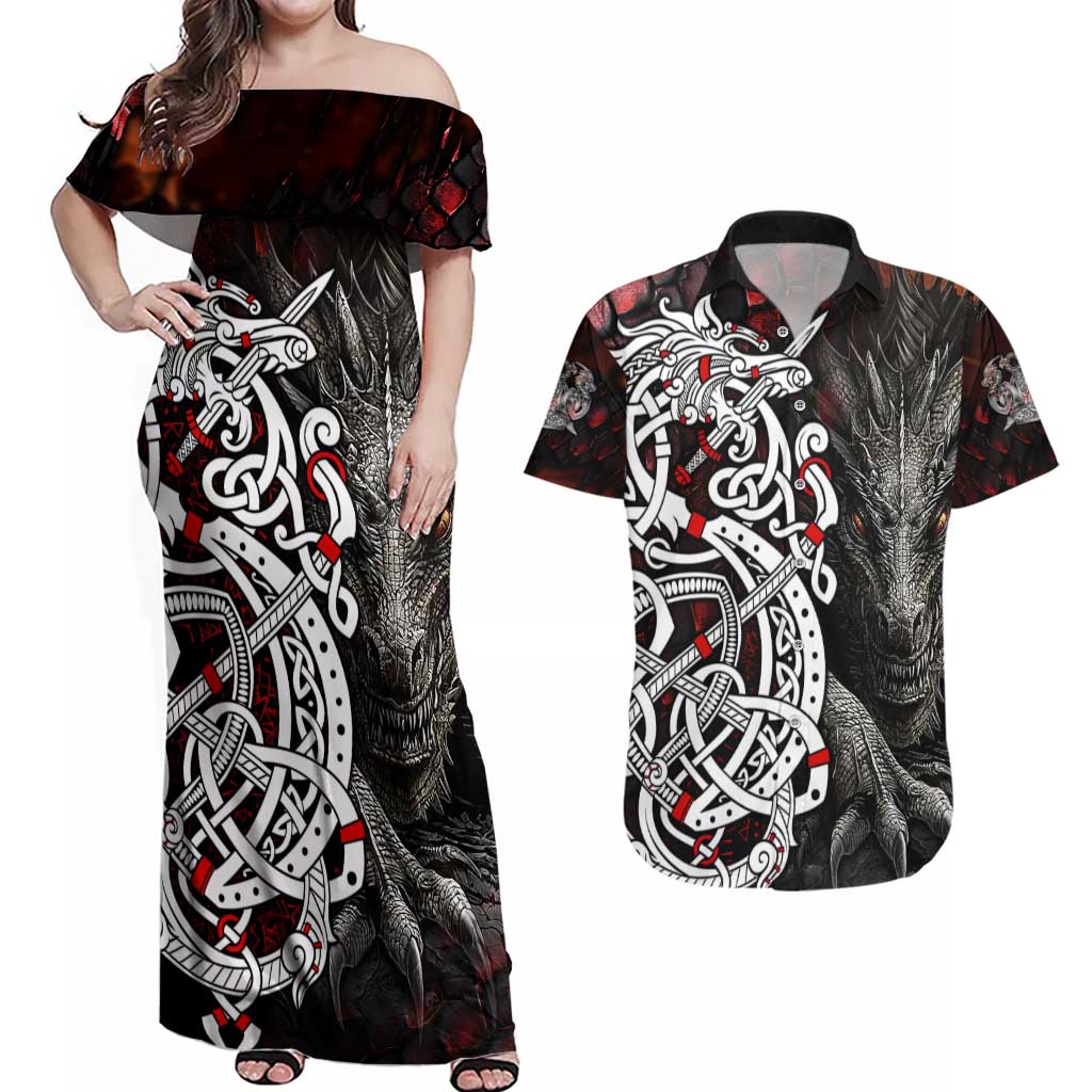 Viking Dragons Couples Matching Off Shoulder Maxi Dress and Hawaiian Shirt Norse Mythology - Wonder Print Shop