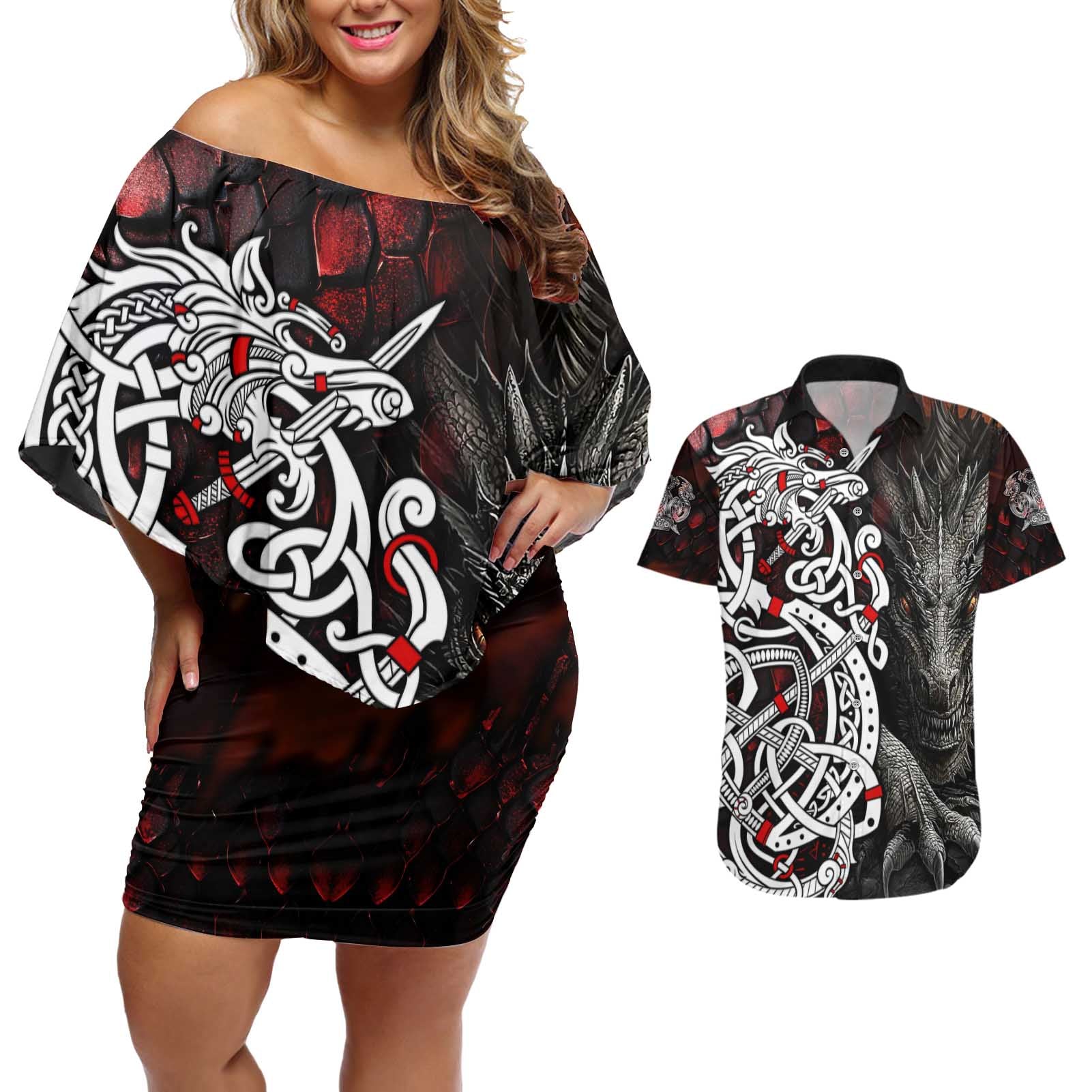 Viking Dragons Couples Matching Off Shoulder Short Dress and Hawaiian Shirt Norse Mythology - Wonder Print Shop