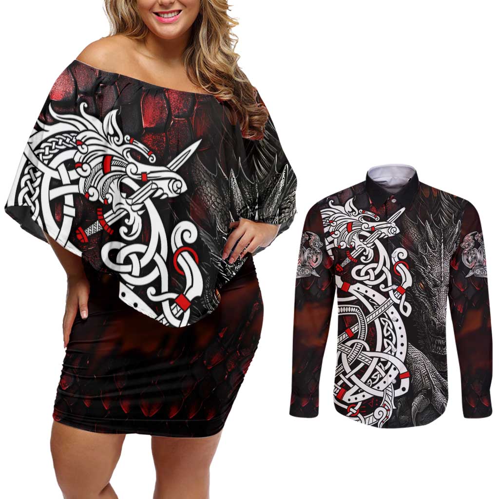 Viking Dragons Couples Matching Off Shoulder Short Dress and Long Sleeve Button Shirt Norse Mythology - Wonder Print Shop