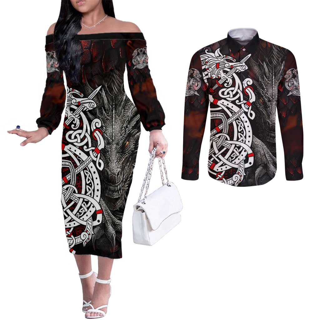 Viking Dragons Couples Matching Off The Shoulder Long Sleeve Dress and Long Sleeve Button Shirt Norse Mythology