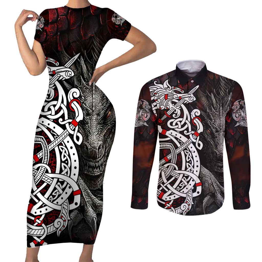 Viking Dragons Couples Matching Short Sleeve Bodycon Dress and Long Sleeve Button Shirt Norse Mythology - Wonder Print Shop