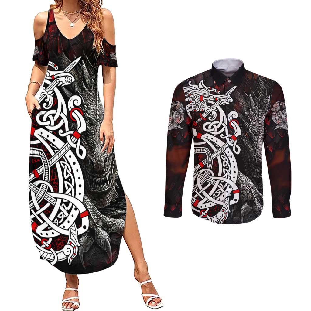 Viking Dragons Couples Matching Summer Maxi Dress and Long Sleeve Button Shirt Norse Mythology - Wonder Print Shop