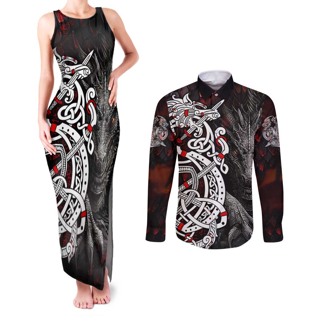 Viking Dragons Couples Matching Tank Maxi Dress and Long Sleeve Button Shirt Norse Mythology - Wonder Print Shop