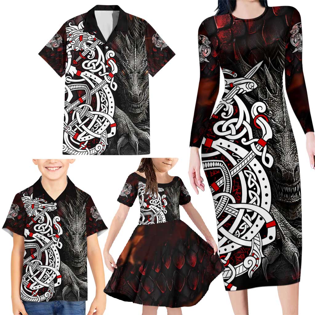 Viking Dragons Family Matching Long Sleeve Bodycon Dress and Hawaiian Shirt Norse Mythology - Wonder Print Shop